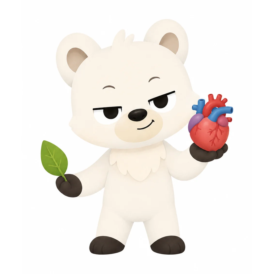 Star the polar bear presenting a heart and a leaf